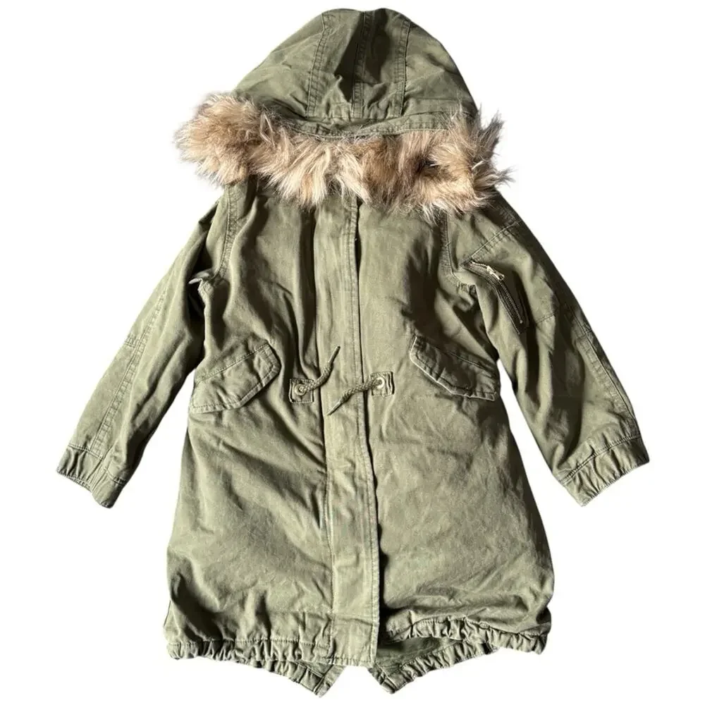 Gap Kids’ 3 in 1 Army Green Hooded Parka Jacket Faux Fur Liner Hood Trim Size 5